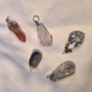 5 Stone Pendant Collection - Amethyst, Quartz, Carnelian, Two Agate